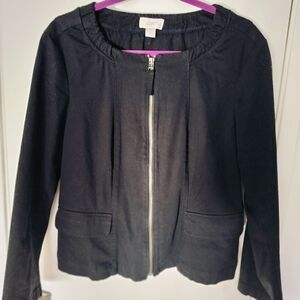 Loft Cotton Zip Front Blazer Jacket Peplum Back Front Pockets Black Large Petite